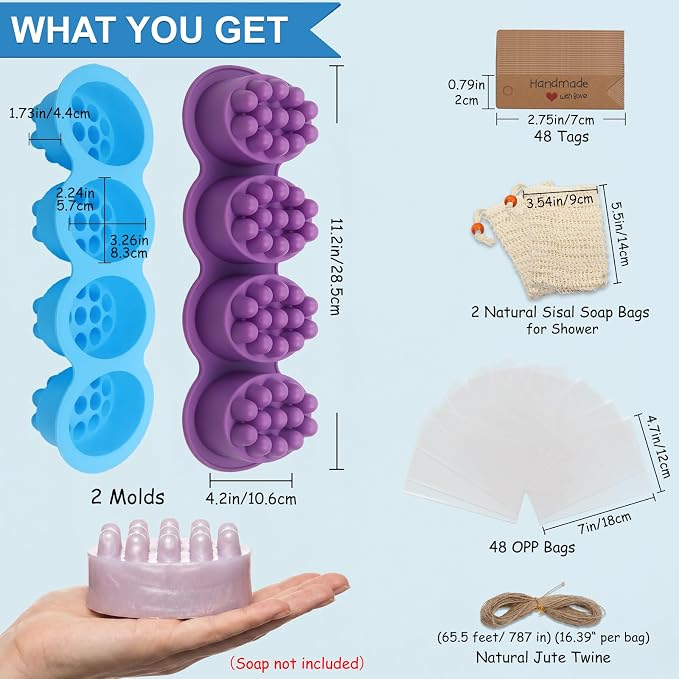 101 Pcs Soap Making Mold Kit - 2 Massage Silicone Molds, 48 Bags, 48 Gift Tags, 65ft Jute Twine, 2 Sisal Foaming Soap Bag Pouch for Handmade Craft Soaps, DIY Hair Comb Masks Salon Spa Scalp Massager