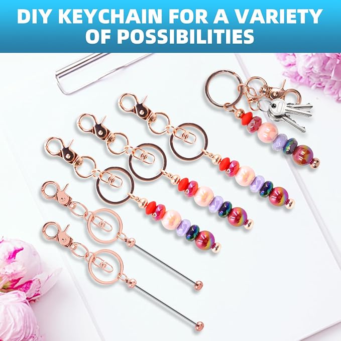 20 Pcs Beadable Keychains Bulk Kit – DIY Keychain Making Supplies with Metal Blanks for Crafts, Jewelry, Charms, Custom Projects – Blank Chain Bars for Beaded Keychain Design (Rose Gold)