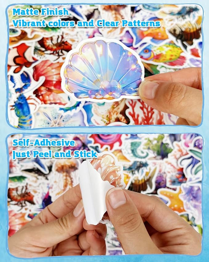 AOWDIAO 100 Pcs Ocean Stickers Cute Sea Creature Vinyl Stickers Gifts for Kids Party Crafts Favors Ocean Animal Stickers for Water Bottles Laptop Decor