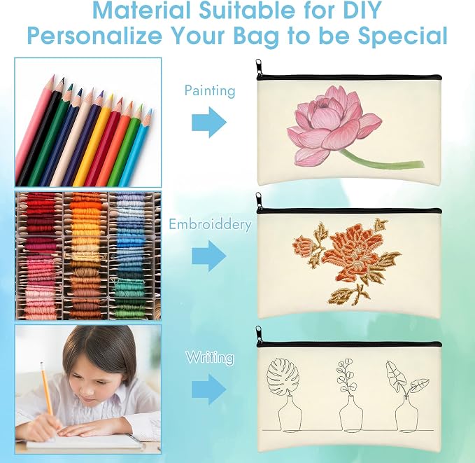 12 Pack Blank Canvas Pencil Pouches Bulk, Sublimation Zipper Bags for DIY | Small Multi-Purpose Canvas Bags with Zipper for Cosmetics, Travel, Travel Toiletries, Craft Projects, Organized 8.2" x 4.7"