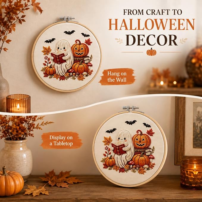 YOUDRN Halloween Ghost Reading Book Embroidery Kit for Beginners Adults