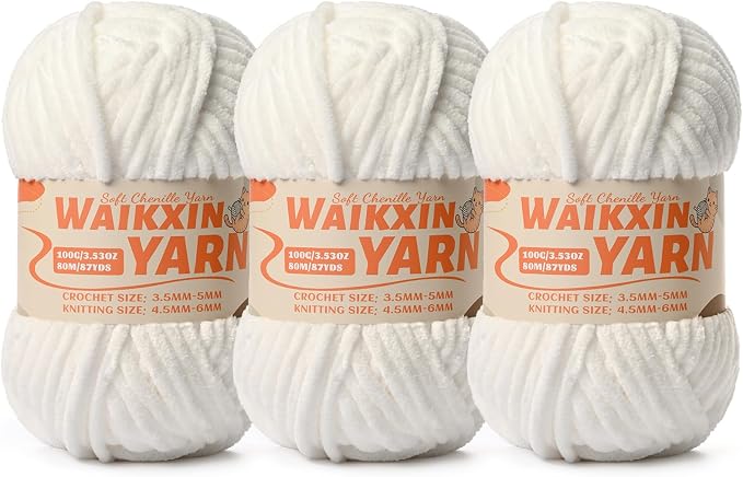 （3 Snow White） 3 Pack Super Soft Fuzzy Chenille Chunky Yarn for Crocheting, 300g (261yds) Velvet Fluffy Amigurumi Yarn for Hand Knitting Baby Blankets Weaving Craft