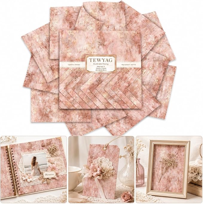 Vintage Scrapbook Paper Double Sided 12x12 Distressed Rose Gold 24 Sheets