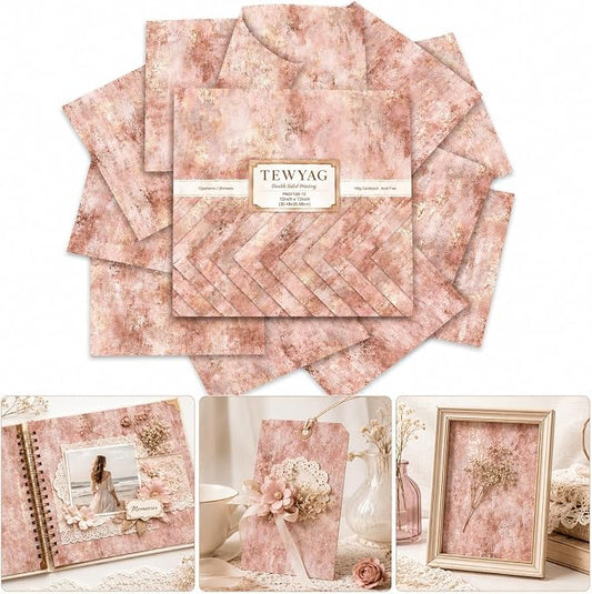 Vintage Scrapbook Paper Double Sided 12x12 Distressed Rose Gold 24 Sheets