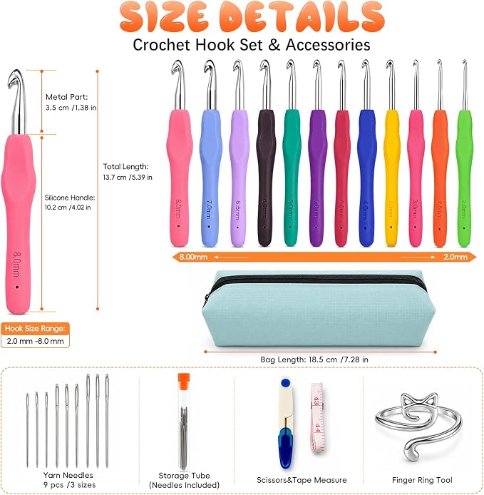 Crochet Hooks 12 Sizes Crochet Hook Set, 50 Pack Yarn Crochet Kit for Beginners, Knitting Needles with Ergonomic Handles for Arthritic Hands, Crochet Needle Kit with Blue Case for Crocheters