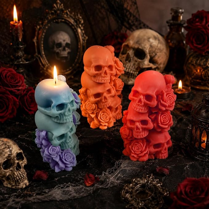 Halloween Skull Candle Mold, 3 Layer Columnar Rose Skull Mold | 3D Rose Style Skull Silicone Mold for Candle Making, Epoxy Resin Casting, Halloween Resin Night Light DIY Craft Handmade Gift