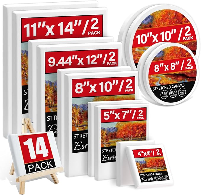 14 Packs Stretched Canvases for Painting, Multi Pack 11x14, 9.44x12, 8x10, 5x7, 4x4, Round Canvas with 8x8,10x10(2 of Each), Blank Primed Canvas, for Oil Paint, Acrylic Paint, for Beginners, Artists.