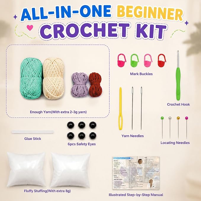 JYZJDKE Crochet Kit for Beginners Adults - DIY Amigurumi Elephant Knitting Starter Kit with Yarn Sets, Crochet Animal Kit Cute Stuffed Animal Craft Birthday Gifts (Beige White+Tiffany Green Elephant)