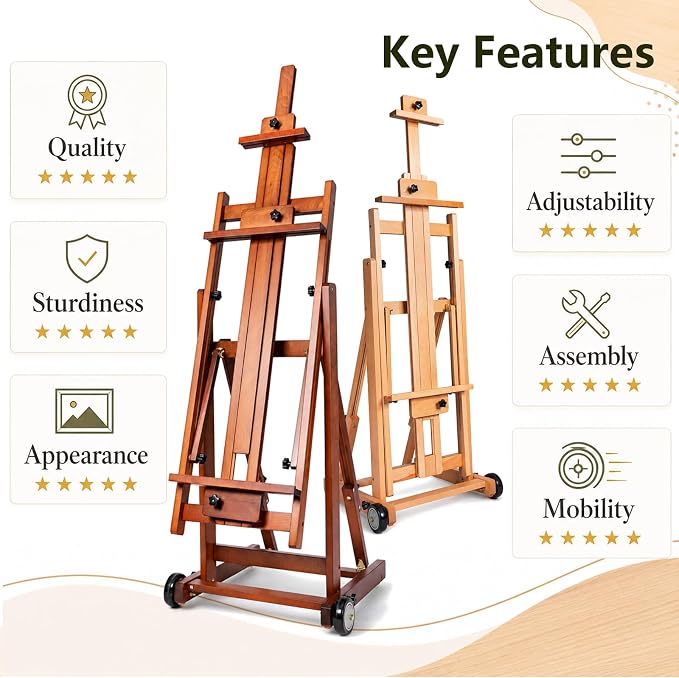 DJAR Large H-Frame Painting Easel for Adults, Solid Beech Wood, Walnut | Movable & Tilting Flat Floor Stand, Holds Canvases up to 78", Adjustable Heavy Duty Studio Art Easel for Artists