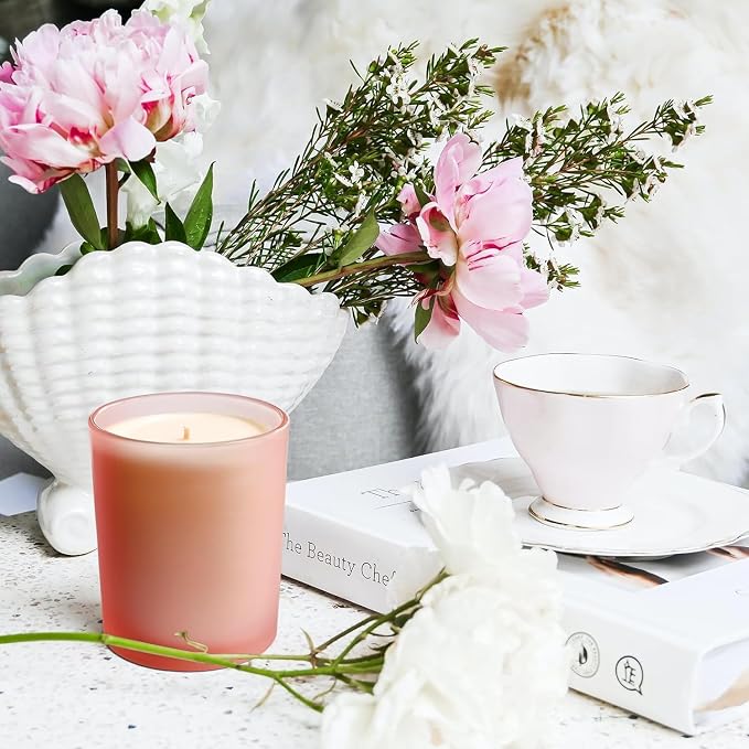 SHOWIN 8 OZ Thick Candle Jars for Making Candles 15 Pcs, Empty Jars with Wood Lids for Candle Making, Sample Container, Frosted Pink