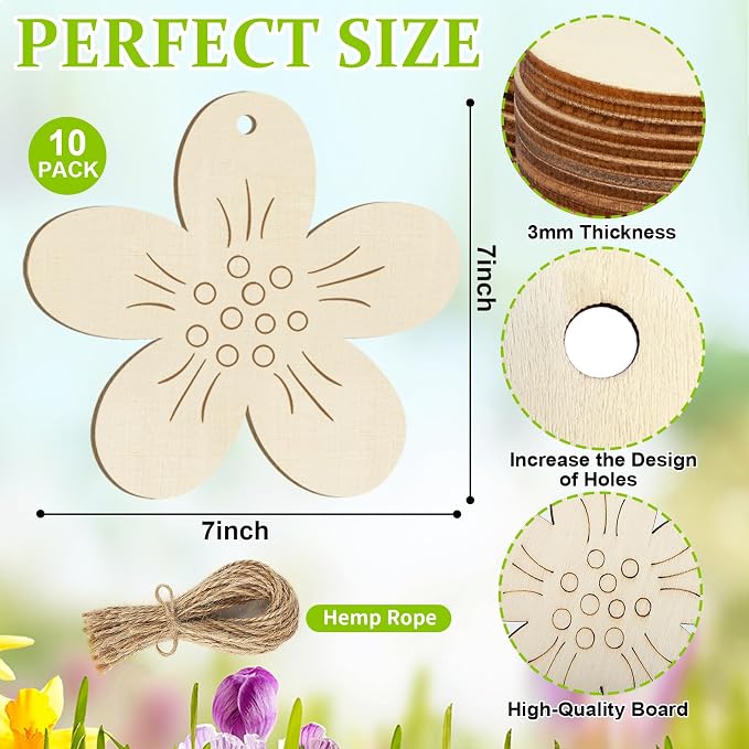 Large Size 7 inch Wooden Spring Ornaments to Paint, Wooden Flower Cutouts DIY Blank Unfinished Round Wood Discs Ornament for Crafts Hanging Decorations(10PCS)