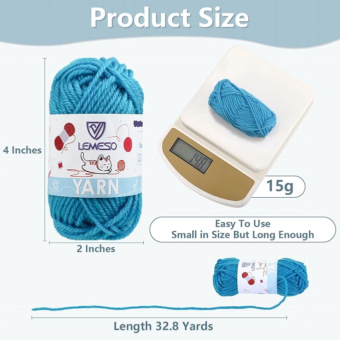 LEMESO Acrylic Yarn Bulk Pack, 12 Skeins for Crochet & Knitting, 180g | 12 Assorted Colors, 15g Mini Skeins, Perfect for Beginners, School Crafts, Art Classes and DIY Projects