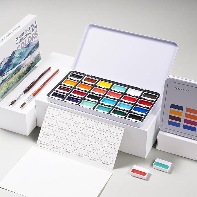 Fuumuui CREAMORA Watercolor Paint Set 24 Color Opaque Semi-Solid Vivid Bright Paint | Professional Art Supplies with Strong Pigment & Coverage for Artists Beginner Painters Amateur Hobbyists Painting