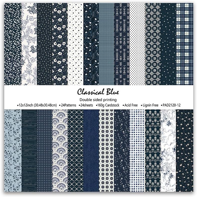 Classical Blue Double Sided Scrapbook Paper 12x12 Inch, 24 Sheets 24 Unique Patterns, 160gsm Acid Free Cardstock for Junk Journal Cardmaking Vintage Farmhouse Crafts