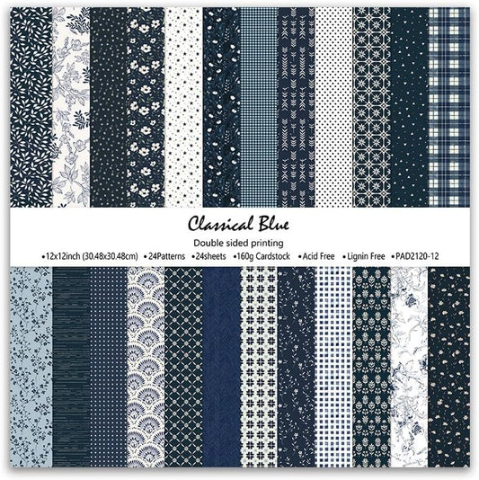 Classical Blue Double Sided Scrapbook Paper 12x12 Inch, 24 Sheets 24 Unique Patterns, 160gsm Acid Free Cardstock for Junk Journal Cardmaking Vintage Farmhouse Crafts