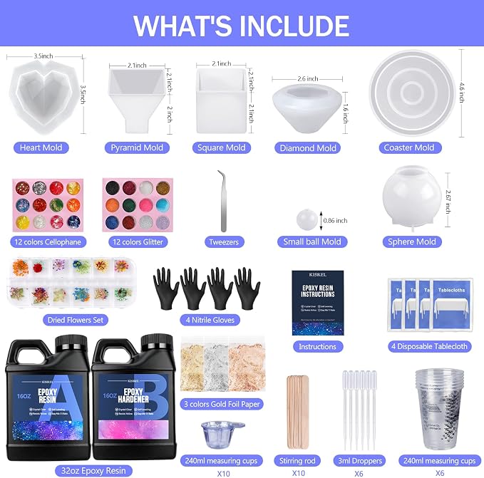 KISREL Epoxy Resin Kit 32OZ with Molds, Dried Flowers & Tools for Beginners | All-in-one starter set with molds,Crystal clear, bubble-free & easy 1:1 mix,Ideal for jewelry, coasters & DIY crafts