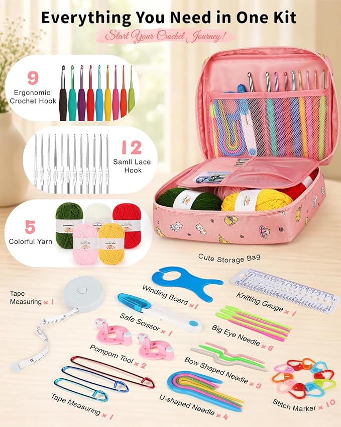 Aeelike Crochet Kit for Beginners- Ideal DIY Craft Gift for Women, Pink | Crochet Starter Kits with Yarn, Ergonomic Hooks & Storage Case, Learn-to-Crochet Set for Adults, Kids & Seniors