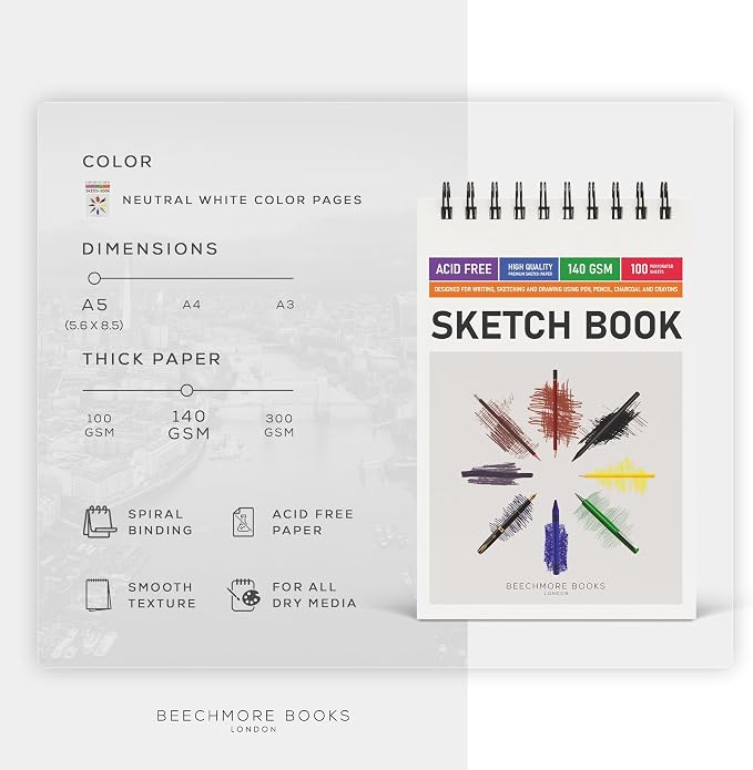 BEECHMORE BOOKS 5.6"x8.5" Spiral Sketchbook – 140 GSM Acid-Free Paper, 100 Perforated Pages, A5 Art Sketch Pad for Drawing & Sketching, Artists, Adults (Pack of 2)