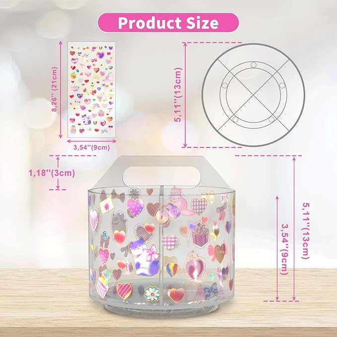 Acrylic Pencil Organizer for Desk Crayon Organizer with Adhesive Sticker | Rotating Art Supply Organizer with Kawaii Sticker, Spinning Marker Holder Organizer for Kids Small Lazy Susan with 4 Dividers
