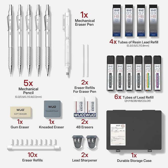 WUO Mechanical Pencil Set, 5 Pack Drafting Pencils 0.3/0.5/0.7/0.9/2.0mm