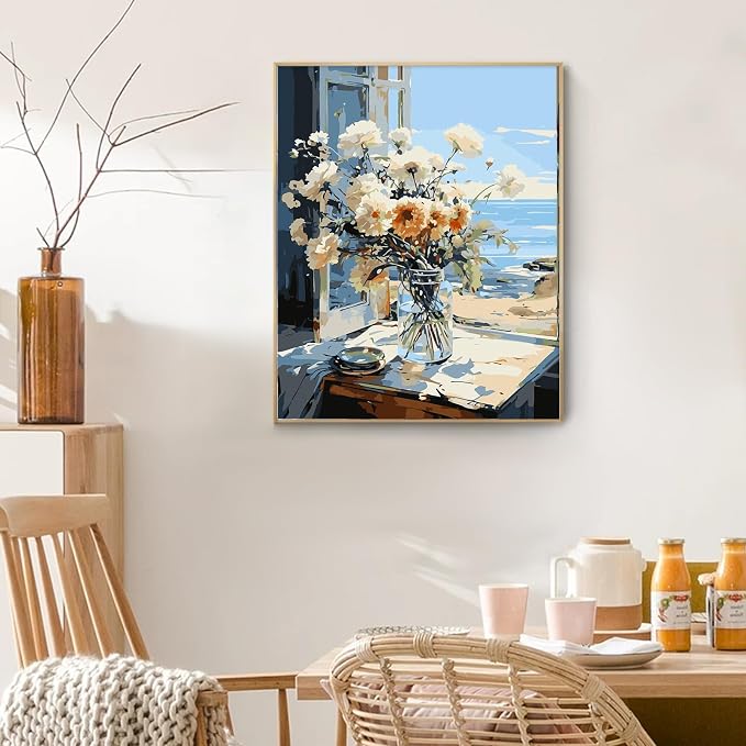 PRASIO Framed Paint by Numbers Kit for Adults Beginner, Flowers Adult Paint by Number Kits on Canvas Framed, DIY Acrylic Watercolor Oil Paint by Numbers with Frame for Gift Home Decor 16x20 Inch