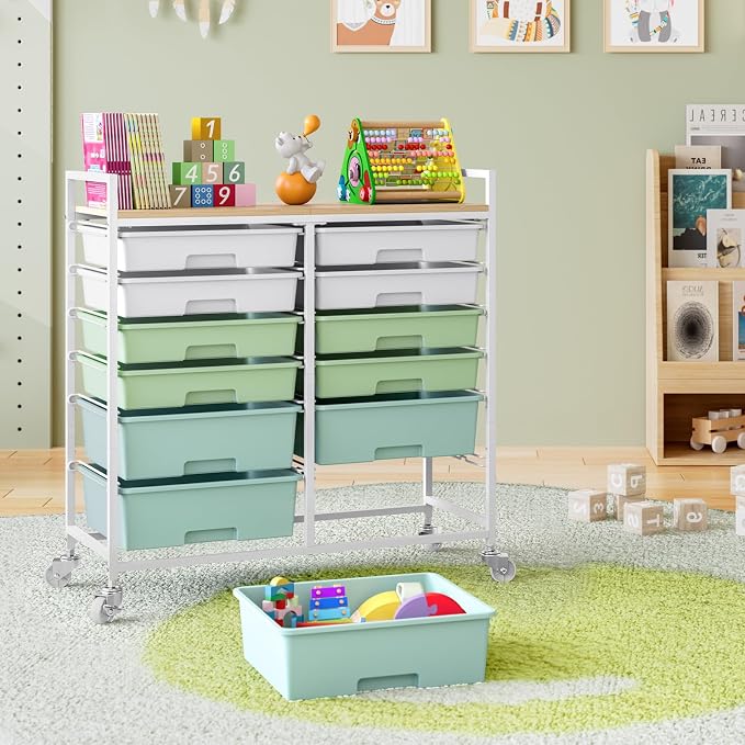 TOOLF 12 Drawers Rolling Storage Cart with Wooden Top for Classroom,Green | Teacher Cart Craft Art Supply Organizer, Utility Cart with Lockable Wheels for Home Household Essentials, Office Organization