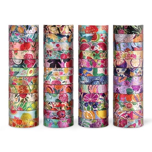 icceemee 48 Rolls Fruit Theme Washi Tape Set, Writable Decorative Tapes for Scrapbooking, Junk Journal Supplies, Bullet Journaling, 0.39"x79" per Roll