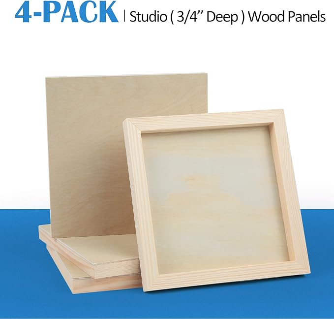 Falling in Art 4 Pack 8x8’’ Unfinished Birch Wood Panels Kit for Painting | Studio 3/4’’ Deep Wooden Canvas, Cradle Boards for Acrylic Pouring, Art, Crafts, Epoxy Resin, Laser Engraving Cutting