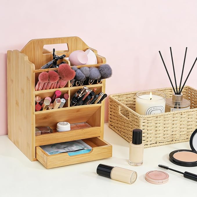 SOUJOY Bamboo Pen Holder Organizer, 360°Rotating Art Supply Storage Caddy, Hold 400+ Pencils, 15 compartments Office Desk Stand Box with Handle for Marker Pens, Colored Pencil, Art Brushes