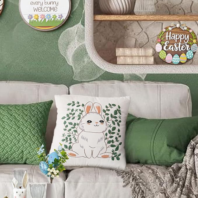 FONNUY Easter Throw Pillow Case Embroidery Kit, Eucalyptus Leaves Happy Rabbit Bunny Stamped Pattern Kits for Audlt Beginners, Hand Works Crafts Throw Pillow Cover, 18 x 18'' (Rabbit 01)