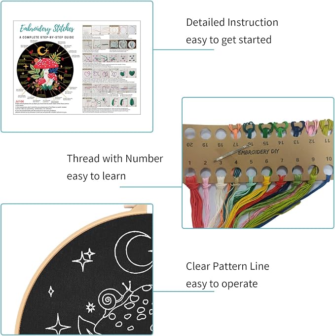 Nuberlic Mushroom Embroidery Kits for Beginner Adults | Starter Cross Stitch Kit DIY Needlepoint with Hoop, Pre-Printed Fabric, Threads & Step-by-Step Guide