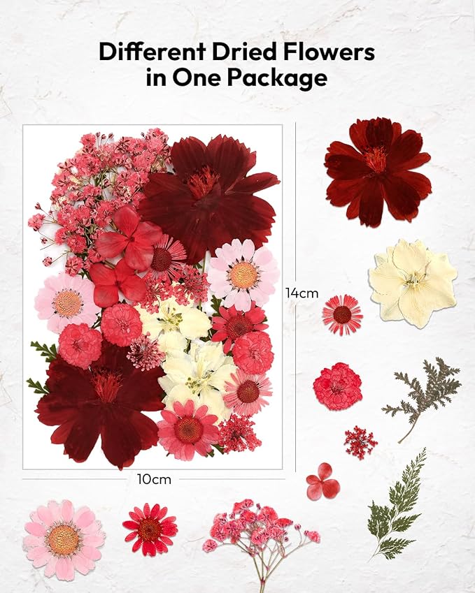 Dried Flowers, Resiners 174Pcs Pressed Flowers for Craft Red Real Natural Dried Flowers Dry Leaves Kit for DIY Making Crafts Resin Soap Candle Scrapbook Supplies Card Making Jewelry