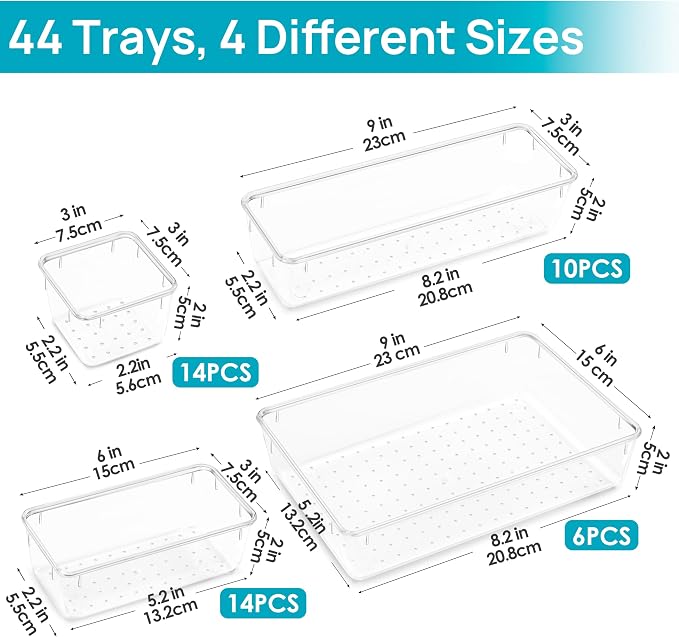 Vtopmart 44 PCS Clear Plastic Drawer Organizers Set, Vanity Organizer Trays