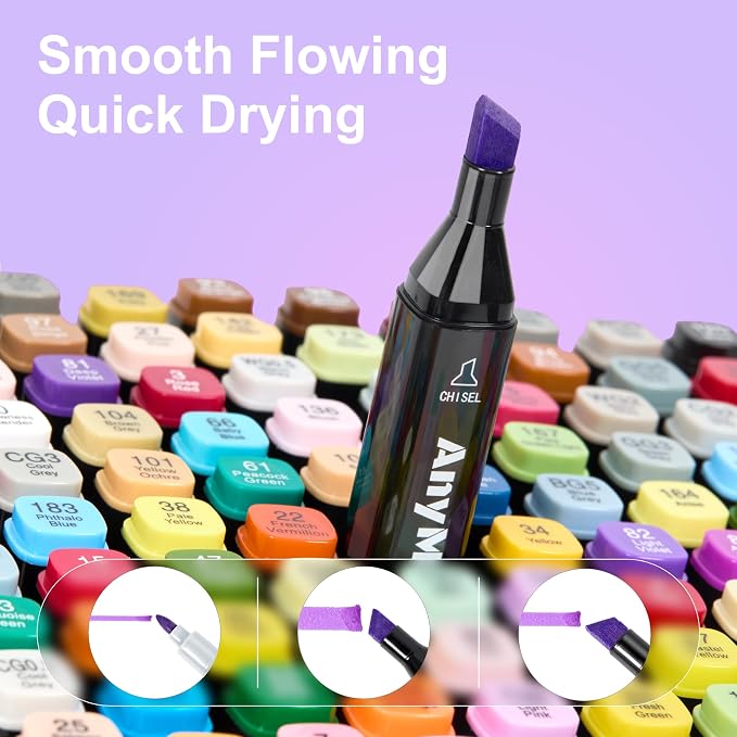 AnyMark Alcohol Markers, 48 Colors Dual Tip Art Coloring Markers Set | Alcohol Based Markers for Adult Book Drawing Sketching Painting, Chisel & Fine, Black Penholder