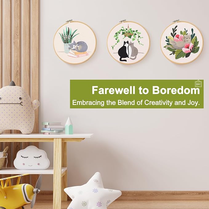 Santune 3 Pack Embroidery Kit for Beginners with Pattern, Cross Stitch Kits for Adults with Instructions,Needlepoint Kits for Adults Include 1 Embroidery Hoops,Color Threads and Needles(Cat)