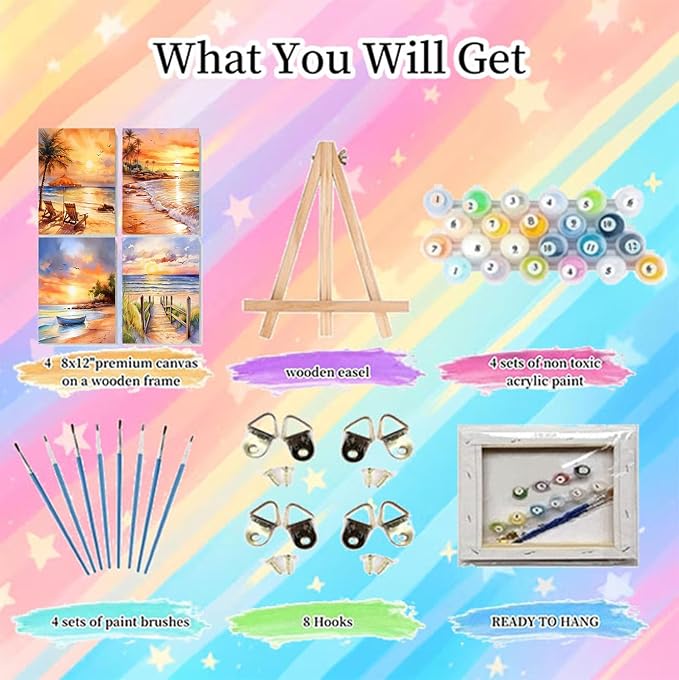 4 Pack Framed Paint by Numbers Kit for Adults Beginners, Beach 8x12 inch | Adult Paint by Number Kits on Canvas with Wooden Easel, Sunset Landscape DIY Acrylic Oil Painting by Numbers for Home Decor