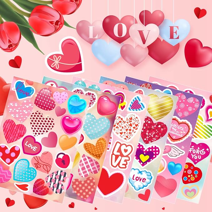 KARSLORA 30 Sheets Valentine Stickers, 490PCS Heart Stickers, Valentine Stickers for Kids, Valentines Crafts Party Favors for Kids, Valentines Day Stickers