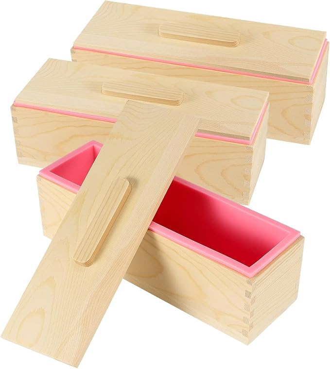 3PCS 47oz Silicone Soap Kit, Pink Rectangular Silicone Loaf Soap Making with 3 Wooden Boxes and 3 Lids, DIY Supplies for Soap Making