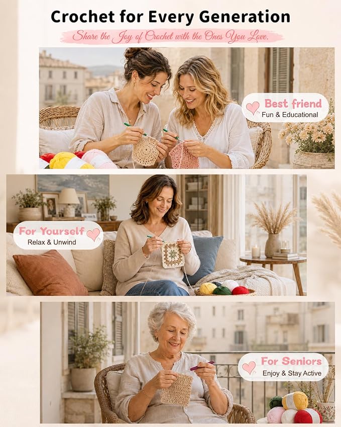Aeelike Crochet Kit for Beginners- Ideal DIY Craft Gift for Women, Pink | Crochet Starter Kits with Yarn, Ergonomic Hooks & Storage Case, Learn-to-Crochet Set for Adults, Kids & Seniors