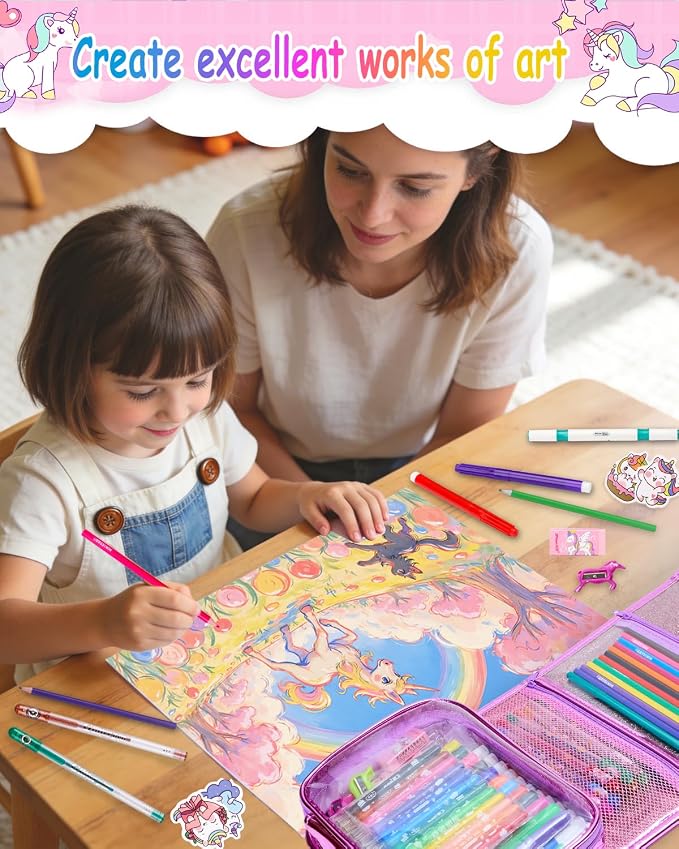 98X Washable Scented Markers Set with Unicorn Pencil Case for Kids Coloring