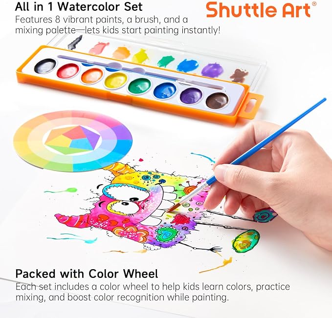 Shuttle Art 60 Pack Watercolor Paint Set, 8 Colors with Paint Brushes & Color Wheels, Washable for Kids & Adults, Suitable for Classroom, Parties, Kindergarten & Art