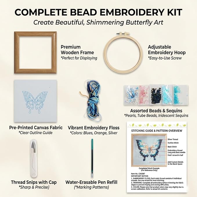 LKTEE Butterfly Bead Embroidery Kit, Hand Embroidery Starter Kit for Beginners Adults with Wooden Frame, Beaded Embroidery Kits DIY Craft Sewing Supplies for Gift Home Decoration (Pink)