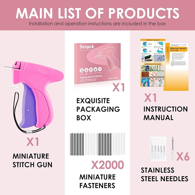Stitch Gun for Clothes - Handheld Stitch Gun Quick Clothing Fixer - Mini Sewing Kit Micro Tagging Gun - Includes 6 Needle, 1000 Black Fasteners & 1000 White Fasteners