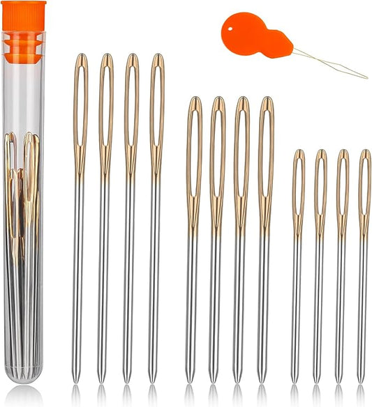 TLKKUE 12 Pcs/3 Sizes Large-Eye Blunt Needles, Steel Yarn Needle Gold | Tapestry Needle with Needle Threader for Sewing Crochet Knitting Embroidery (Gold 2.08in/2.36in/2.76in)