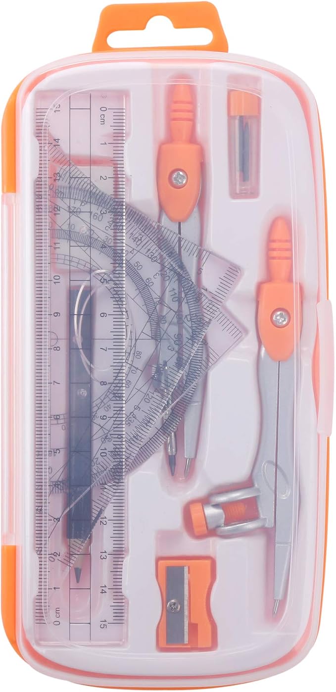 Unjoo Math Geometry Set 10 Pcs,Compass and Protractor for Students,Orange | Shatterproof Storage Box,Rulers,Protractor,Compass,Eraser,Pencil Sharpener,Lead Refills,Pencil,for Classroom, Back to School