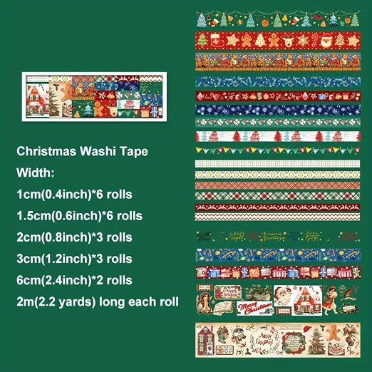 icceemee Christmas Theme Washi Tape Set, 20 Rolls Christmas Theme Washi TapeWritable Decorative Tapes for Scrapbooking, Junk Journal Supplies, Bullet Journaling, 0.6"x79" per Roll