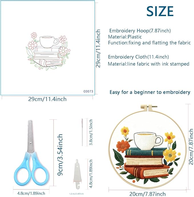 Zhenqing Book Lover Embroidery Kit for Beginners, Coffee & Books Needlework Craft with Pre-Printed Cotton Fabric, Hoop, Threads & Tools, Reading Nook Decor (C0073)