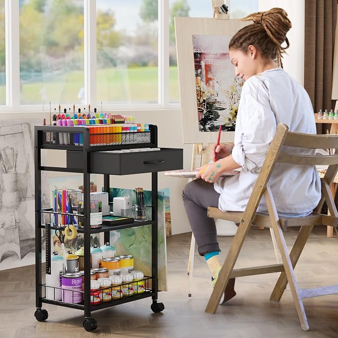 Homsorout 3 Tier Rolling Cart - Metal Utility Cart with Storage Drawer and Wheels, Versatile Art & Craft Organizer for Home, Office, or Studio Ideal for Storing Brushes, Paints, and Supplies Black