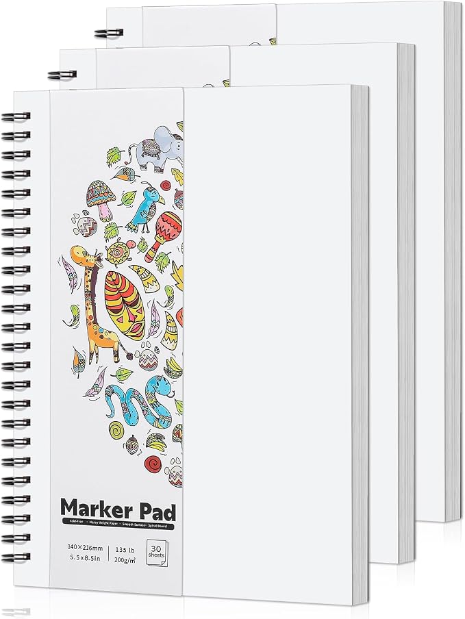 3 Pack Marker Paper Pad 5.5 × 8.5 in, Double-Sided, Spiral Bound