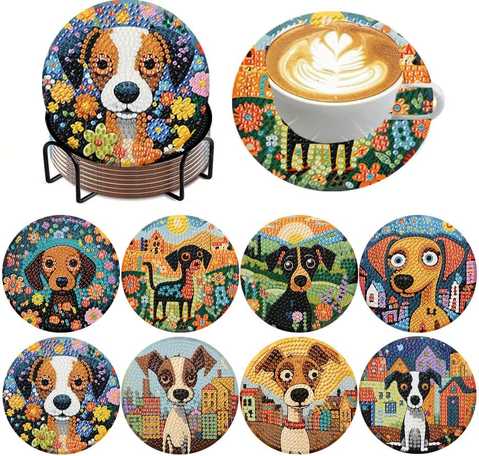 ijbnhd 8 PCS Dog Diamond Art Coasters Diamond Painting Coasters